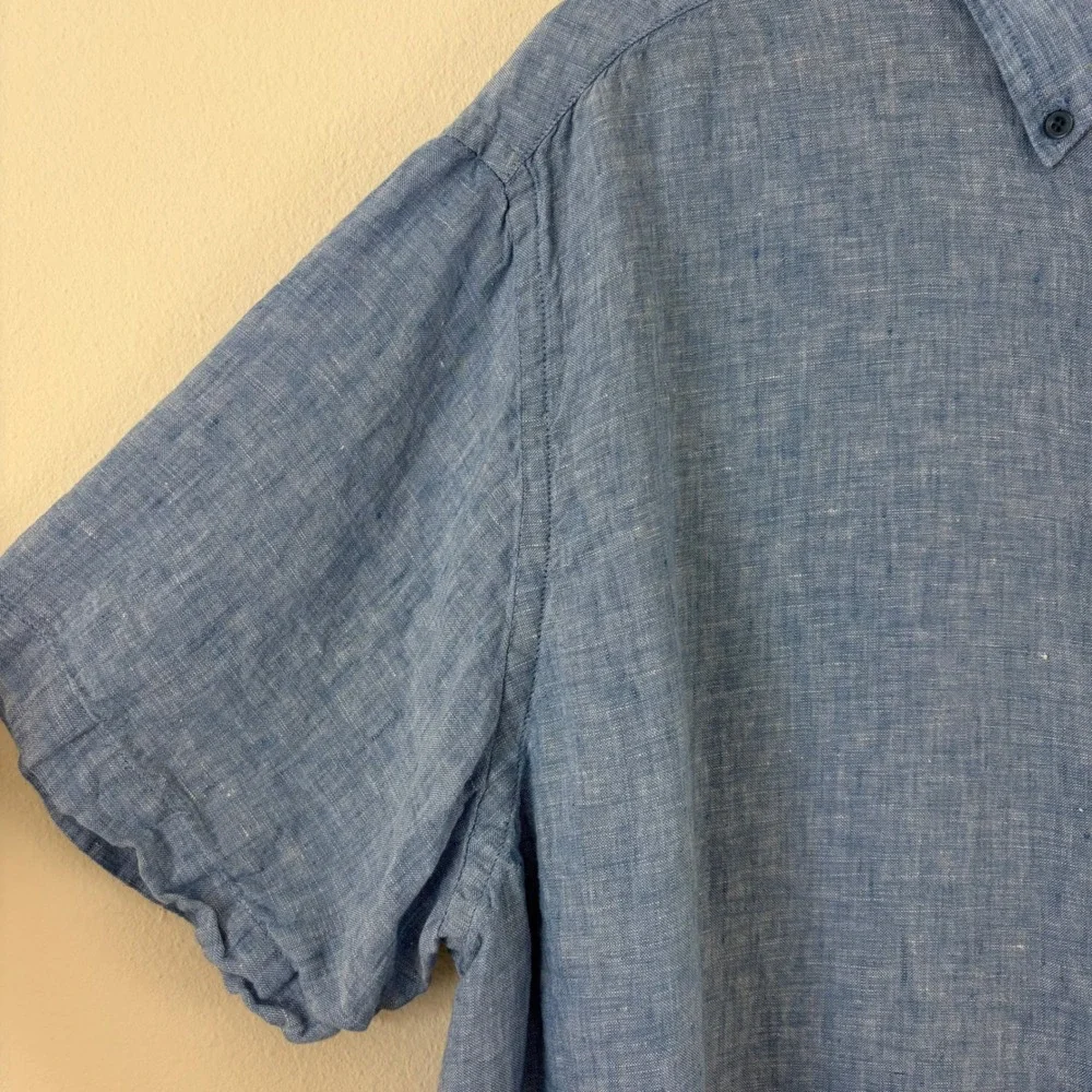 Cremieux Mens XXL Blue Linen Short Sleeve Button Down‎ Shirt Lightweight